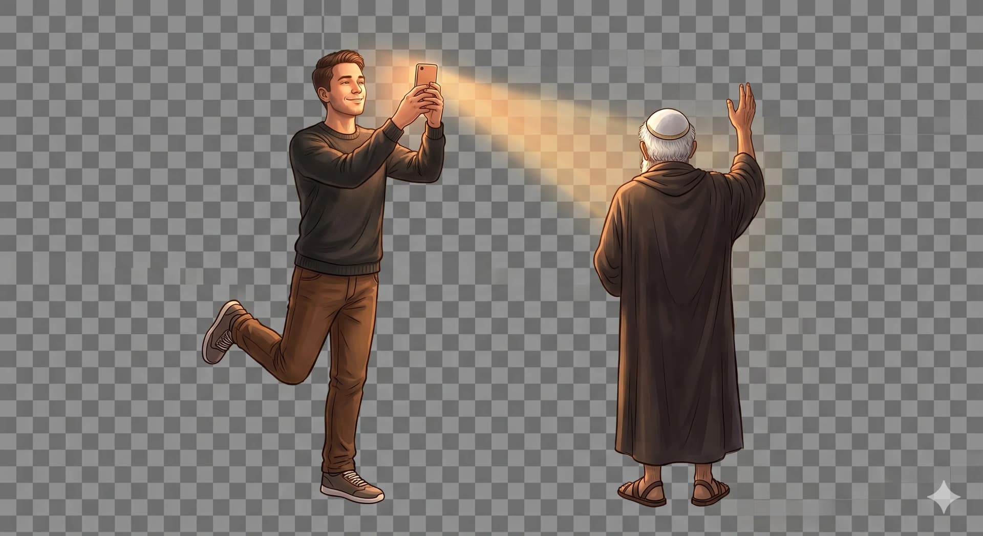 צעיר עומד על רגל אחת עם טלפון, מקבל את חכמת התורה